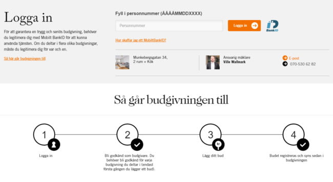 Budgivaren loggar in med Mobilt BankID via objektspresentationen.